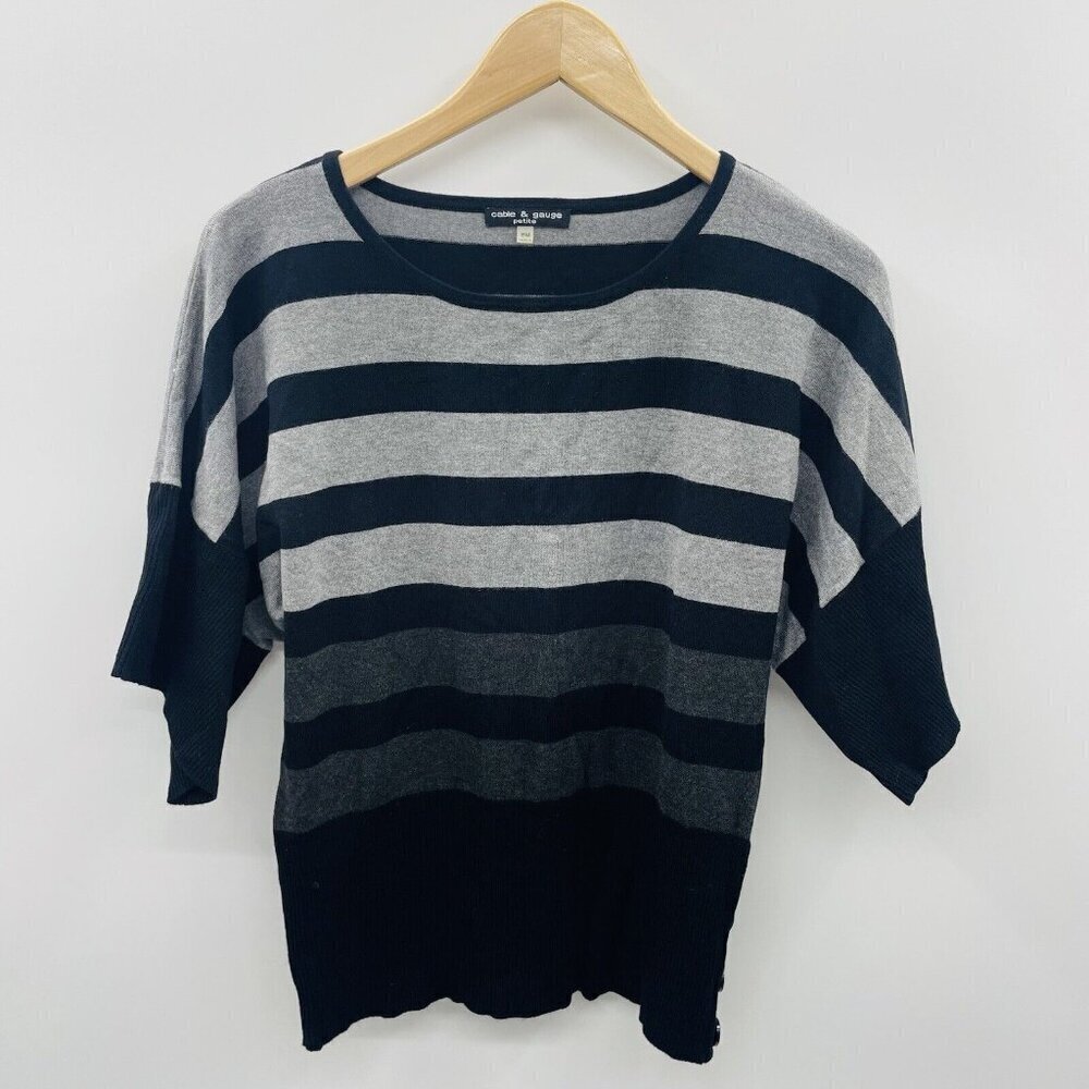 Cable & Gauge Petite Womens PM Dolman Sleeve Striped Sweater in Black/Gray 928